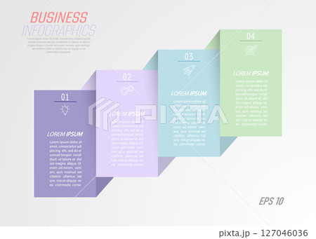 Business Infographics. 4 steps to achieve the result. Stages of development, workflow, marketing or plan. Business strategy with icons. Diagram of the report, statistics and training 127046036