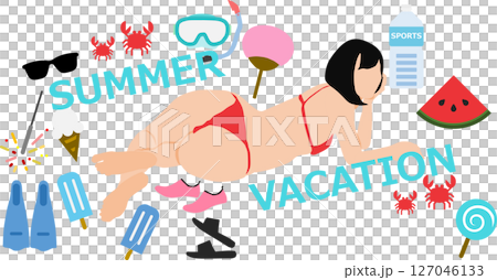 Illustration of a woman in a swimsuit enjoying summer Illustration of a woman in a swimsuit enjoying summer 127046133