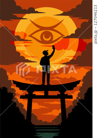 お天道様は見ている。神域の象徴に登って自撮りをしているのを戒めている太陽の目	 127046213
