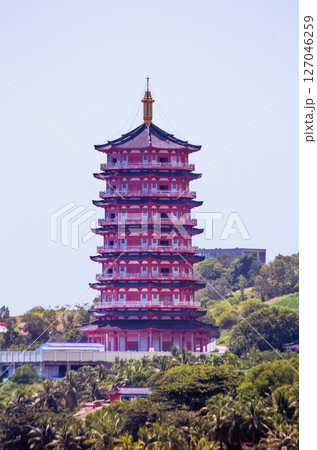 A colorful Duobao Stupa of traditional Chinese architecture in the Sanya Nanshan Cultural Center 127046259