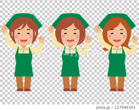 大きな身振りで応援する緑エプロンの若い女性 大きな身振りで応援する緑エプロンの若い女性 127046381
