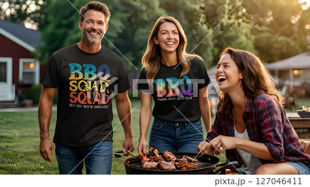 Fireworks & BBQ Parties captured as realistic photography showing families laughing around a barbecue with colorful fireworks in the twilight sky Fireworks & BBQ Parties captured as realistic photography showing families laughing around a barbecue with colorful fireworks in the twilight sky 127046411