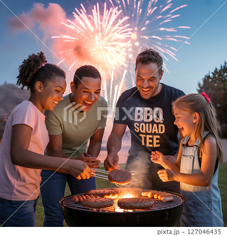 Fireworks & BBQ Parties captured as realistic photography showing families laughing around a barbecue with colorful fireworks in the twilight sky Fireworks & BBQ Parties captured as realistic photography showing families laughing around a barbecue with colorful fireworks in the twilight sky 127046435