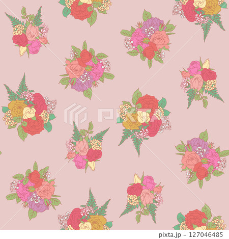 Vintage line art pink rose sprigs seamless pattern with pastel backdrop. Romantic floral composition repeat background 127046485