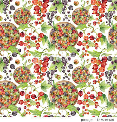Currant gooseberry in clusters, leaves on ceramic dish, ripe picked garden berry harvest, casseille jostaberry, hand drawn in watercolor. Isolated seamless pattern. Organic food packaging, eco textile 127046486