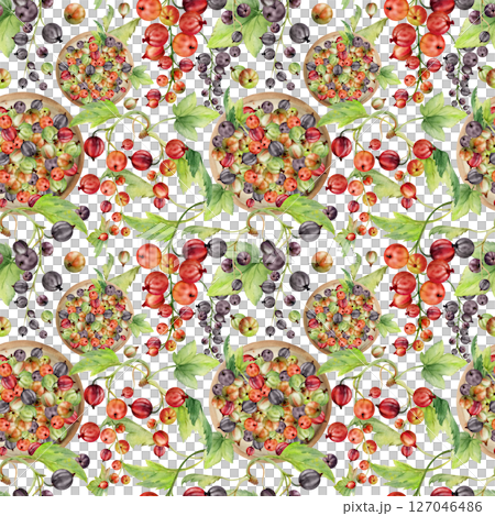 Currant gooseberry in clusters, leaves on ceramic dish, ripe picked garden berry harvest, casseille jostaberry, hand drawn in watercolor. Isolated seamless pattern. Organic food packaging, eco textile 127046486