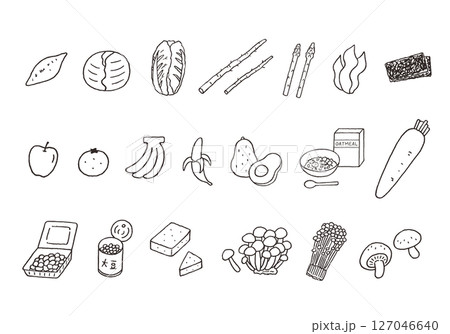 食物繊維が豊富な食べ物の手描きイラストセット(モノクロ) 食物繊維が豊富な食べ物の手描きイラストセット(モノクロ) 127046640