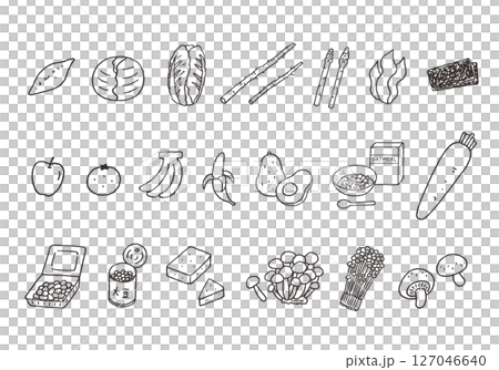 食物繊維が豊富な食べ物の手描きイラストセット(モノクロ) 食物繊維が豊富な食べ物の手描きイラストセット(モノクロ) 127046640