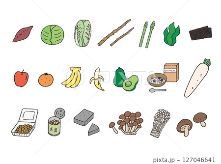 食物繊維が豊富な食べ物の手描きイラストセット（カラー） 127046641