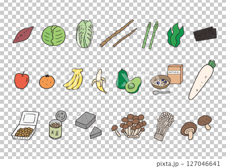 食物繊維が豊富な食べ物の手描きイラストセット（カラー） 127046641
