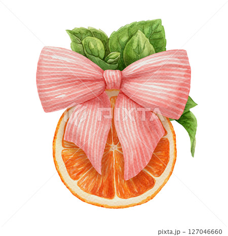 Orange slice with pink bow and leaf. Hand drawn watercolor food illustration of cute arrangement. Juicy citrus image with colorful realistic texture. Perfect for summer card template and menu design. 127046660
