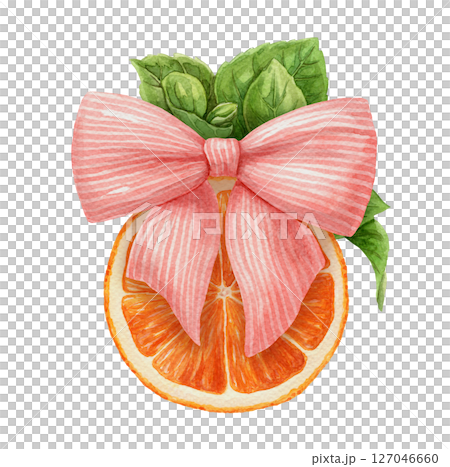 Orange slice with pink bow and leaf. Hand drawn watercolor food illustration of cute arrangement. Juicy citrus image with colorful realistic texture. Perfect for summer card template and menu design. 127046660