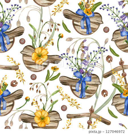 Meadow flowers and grasses, decorative pendants in the form of a bird, buttercups, timothy grass, wooden beads, leaves. All objects are hand-painted with watercolors. For printing on fabric, paper. 127046972
