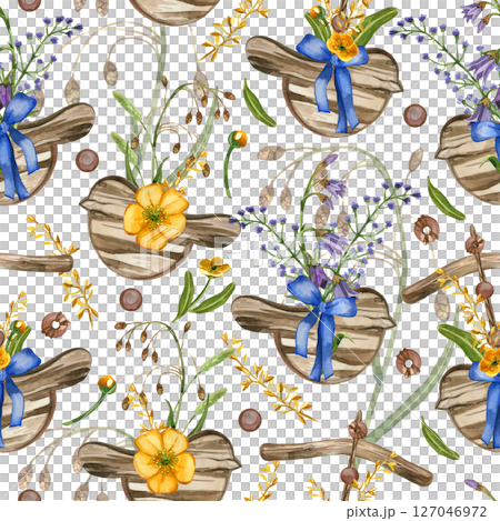 Meadow flowers and grasses, decorative pendants in the form of a bird, buttercups, timothy grass, wooden beads, leaves. All objects are hand-painted with watercolors. For printing on fabric, paper. 127046972
