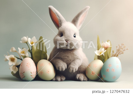 Easter background with bunny and eggs Easter background with bunny and eggs 127047632