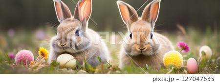 Easter background with bunny and eggs Easter background with bunny and eggs 127047635