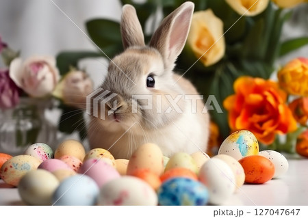 Easter background with bunny and eggs Easter background with bunny and eggs 127047647
