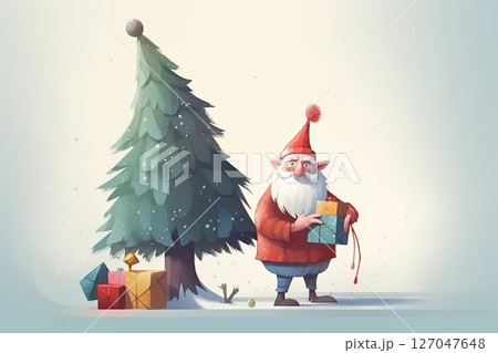 Christmas gnome with gifts near Christmas tree Christmas gnome with gifts near Christmas tree 127047648