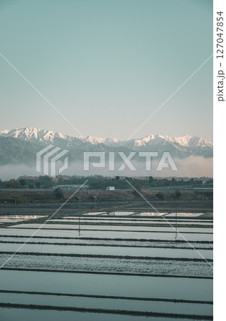 湛水された水田と朝日を浴びる北アルプス【安曇野】 湛水された水田と朝日を浴びる北アルプス【安曇野】 127047854