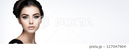 Portrait of a European girl with makeup on a light background, banner 127047904