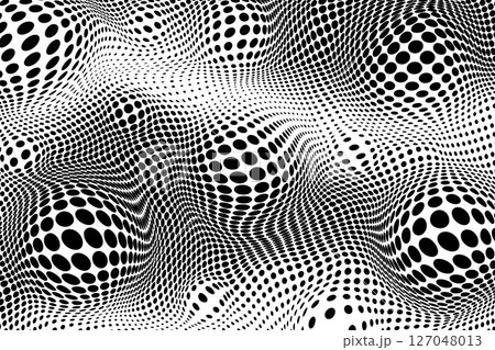A swirling, 3D textured pattern of black dots on a white background, creating an optical illusion. 127048013