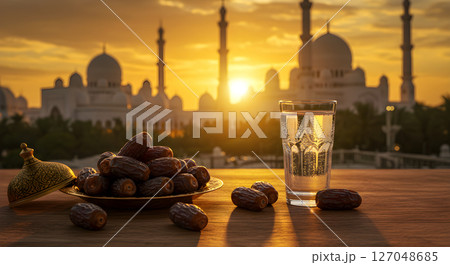Ramadan kareem background with Arabian dates fruit on plate, glass of drink water, lantern on table for traditional, serene muslim meal iftar. Mosque at dawn. Islamic holiday. Raya Hari. Eid Mubarak. 127048685
