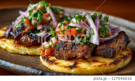 Grilled Meat with Salsa on Polenta Cakes 127048818