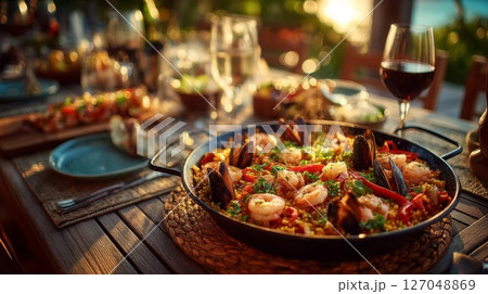 Seafood Paella Dinner at Sunset 127048869