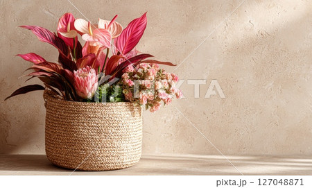 Pink and Red Flower Arrangement in a Woven Basket Pink and Red Flower Arrangement in a Woven Basket 127048871