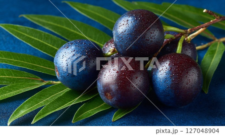Closeup of Dark Blue Berries with Waterdrops on Green Leaves Closeup of Dark Blue Berries with Waterdrops on Green Leaves 127048904