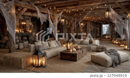 Rustic Halloween Decor: Cozy Candlelit Interior Design 127048919