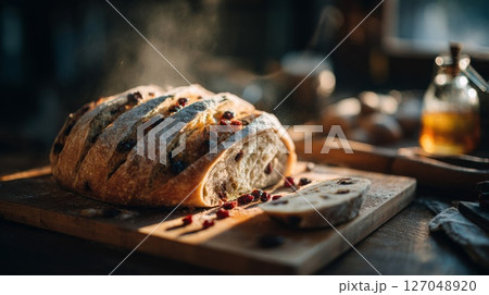 Warm Crusty Cranberry Bread on Wooden Board 127048920