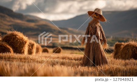 Rustic Scarecrow in a Golden Hay Field with Mountain Background 127048921