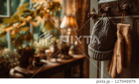 Cozy Winter Scene with Knit Hat and Gloves 127048979