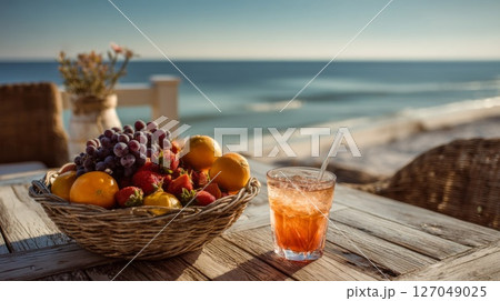 Summer Fruit Basket and Drink on Beach Table 127049025