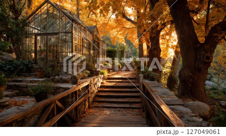 Autumnal Garden Path with Golden Leaves and Sunlight Autumnal Garden Path with Golden Leaves and Sunlight 127049061