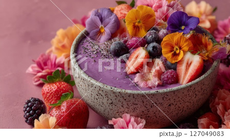 Purple Smoothie Bowl with Berries and Edible Flowers Purple Smoothie Bowl with Berries and Edible Flowers 127049083