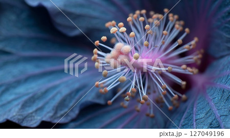 Close Up Of Blue And Pink Hibiscus Flower Stamens 127049196