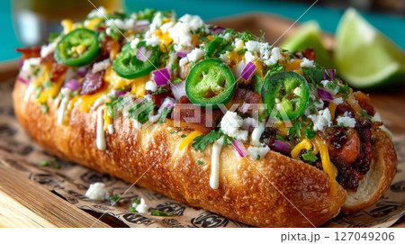 Loaded Hot Dog with Bacon Jalapeno Cheese and Cilantro Loaded Hot Dog with Bacon Jalapeno Cheese and Cilantro 127049206