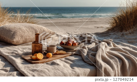Beach Picnic with Fruit and Bottle on Sandy Shore 127049214