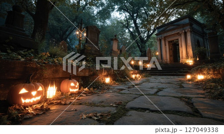 Spooky Halloween Cemetery Path with Lighted Pumpkins 127049338