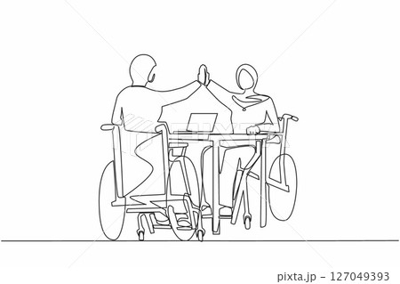 Continuous one line drawing two disabled Arabian women give high five coworker. Office worker sitting in wheelchair joy. Colleague celebrating success. Good job sign. Single line design vector graphic Continuous one line drawing two disabled Arabian women give high five coworker. Office worker sitting in wheelchair joy. Colleague celebrating success. Good job sign. Single line design vector graphic 127049393