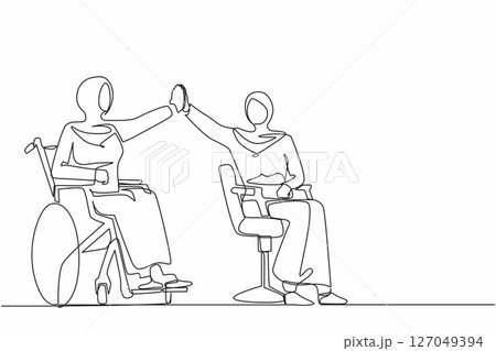 Single continuous line drawing happy disabled Arab woman give high five coworker. Office worker sitting in wheelchair joy. Colleague celebrating success. Good job sign. One line graphic design vector 127049394