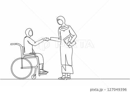 Single continuous line drawing disabled Arabian businesswoman in wheelchair shaking hand with business partner. Disability manager dialogue with business colleague. One line draw graphic design vector Single continuous line drawing disabled Arabian businesswoman in wheelchair shaking hand with business partner. Disability manager dialogue with business colleague. One line draw graphic design vector 127049396