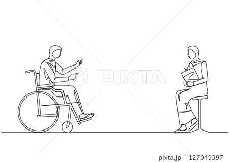 Single continuous line drawing disabled Arab woman at job interview in office. Person in wheelchair talking with employer. Job interview, workday, social help. One line draw design vector illustration 127049397