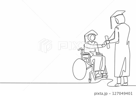 Single one line drawing disabled Arabian woman student receiving graduation from university rector. Disability bachelor, inclusive education. Continuous line draw design graphic vector illustration 127049401