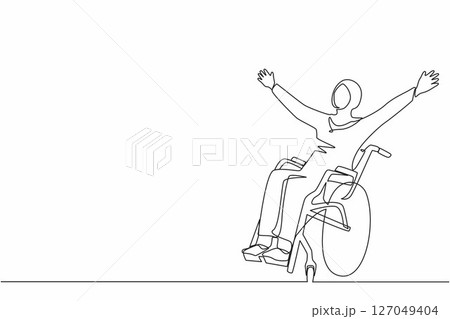 Continuous one line drawing Arabic woman sitting in wheelchair, raising hands in happiness, rehabilitation concept. Happy young woman in wheelchair. Single line draw design vector graphic illustration Continuous one line drawing Arabic woman sitting in wheelchair, raising hands in happiness, rehabilitation concept. Happy young woman in wheelchair. Single line draw design vector graphic illustration 127049404