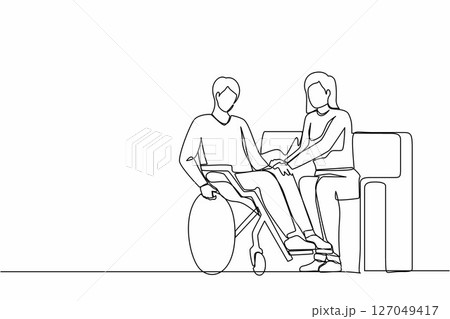 Single one line drawing couple at home with disability man in wheelchair holding hands with woman sitting on sofa. Assistance rehabilitation of disabled person. Continuous line design graphic vector 127049417