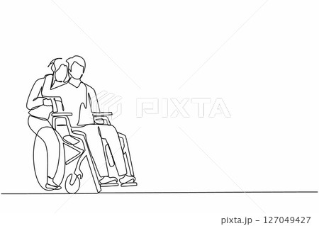 Single one line drawing man sitting in wheelchair while wife standing behind and hugging him. Woman supporting husband during rehabilitation. Relationship concept. Continuous line draw design vector Single one line drawing man sitting in wheelchair while wife standing behind and hugging him. Woman supporting husband during rehabilitation. Relationship concept. Continuous line draw design vector 127049427