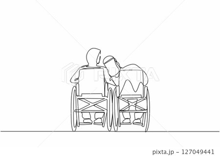 Continuous one line drawing back view Arabian couple with disabilities sit in wheelchairs talking each other. Man rests his head on womans shoulder. People with disability. Single line design vector 127049441